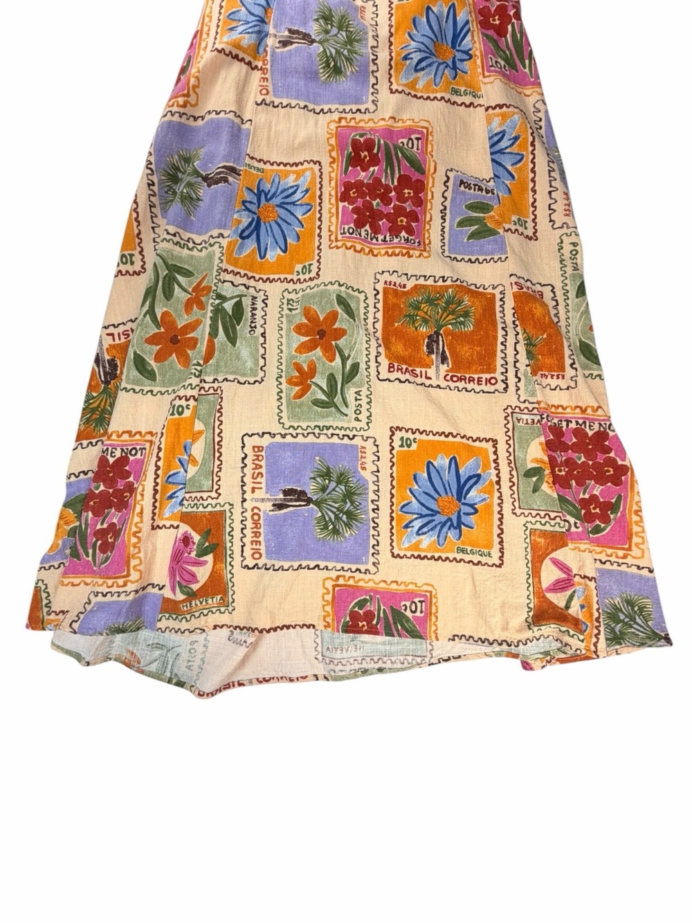 Anthropologie Paper Hearts Strapless Linen Blend Postcard-Stamp Maxi Dress Large - Picture 3 of 9